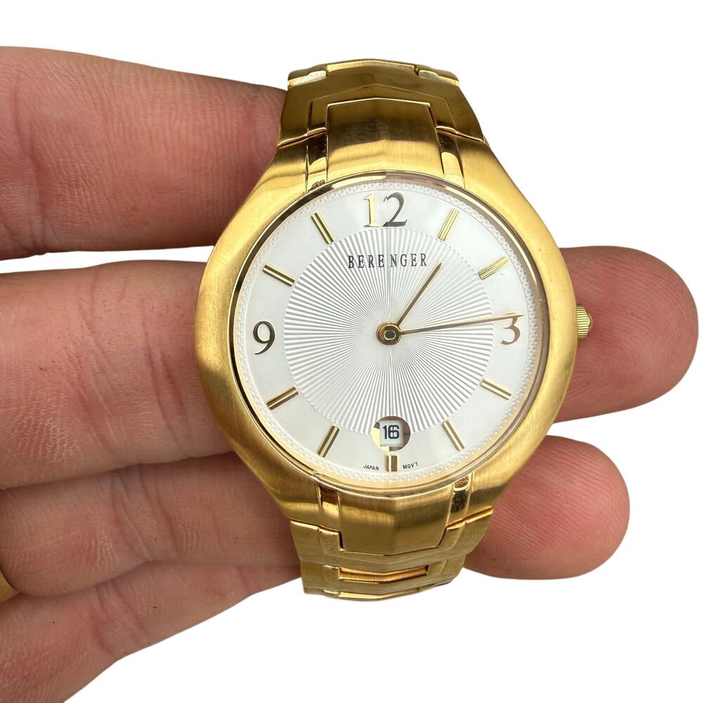 Men’s Gold Tone Wrist Watch Berenger Steel Tented Faceted Crystal Face Nice READ